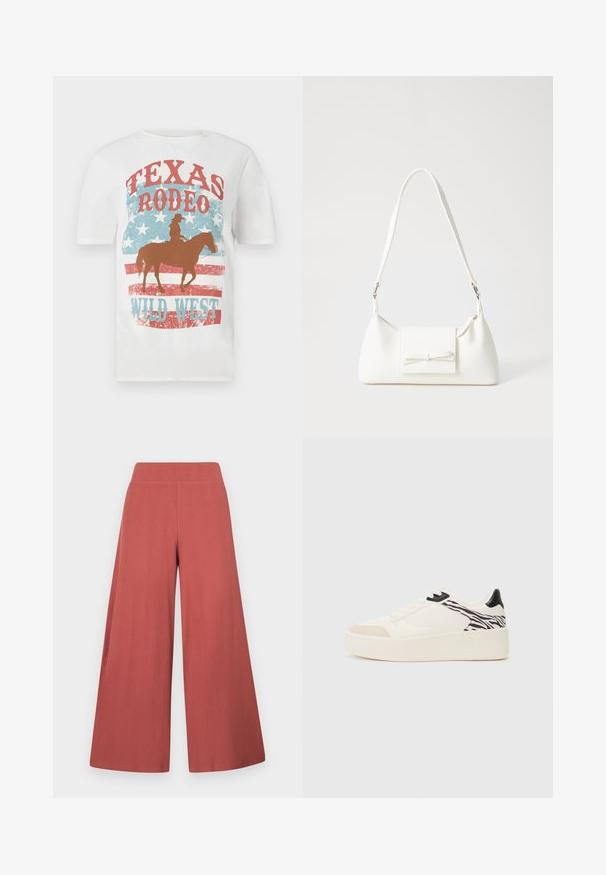 Vit bomulls t-shirt med en cowboy på en häst, med en röd och blå "Texas Rodeo Wild West" grafik, sliten textur och stjärnbakgrund.; Vida byxor i rostfärg, gjorda av texturerat tyg med vertikal ribbning. Har en hög, elastisk midjeresår.; Even&Odd Sneakers - white/black; Vit syntetisk handväska med triangulär form, platt framklaff och rosettdetalj, justerbar rem, slät textur och minimalistisk design.