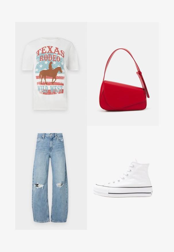 Biely bavlnený tričko s motívom kovboja na koni, s grafickým dizajnom "Texas Rodeo Wild West" v červenej a modrej farbe, so vzhľadom opotrebovania a pozadím hviezd.; Svetlomodré, vysoké džínsy vyrobené z denimu. Majú široké nohavice, dve roztrhnuté kolená a klasický päťvreckový strih.; Biele vysoké plátené tenisky s čiernou gumovou podošvou, prednou gumovou špičkou a šiestimi okami na šnúrky, s čistým, minimalistickým dizajnom.; Červená kožená kabelka s ostrým, geometrickým dizajnom. Má jeden nastaviteľný popruh a uzatváranie na klopu so šitím.
