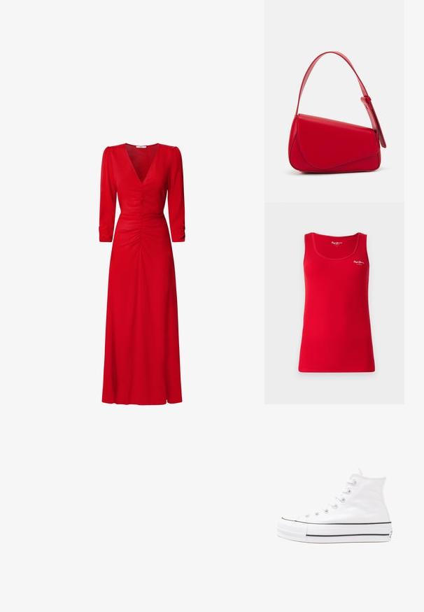 Top roșu cu dungi, fără mâneci, cu decolteu rotund și bretele înguste. Prezintă un logo alb pe piept, fabricat dintr-un material elastic și moale.; Rochie roșie cu decolteu în V, mâneci trei sferturi și detalii pliate la talie și spate. Materialul pare neted și ușor.; Adidași albi tip pantofi sport cu glezna din pânză, cu talpă din cauciuc negru, capac de vârf din cauciuc frontal și șase ochiuri pentru șireturi, având un design curat și minimalist.; Geantă de mână din piele roșie, cu un design unghiular și geometric. Dispune de o singură curea ajustabilă și un sistem de închidere cu clapetă, cu detalii cusute.