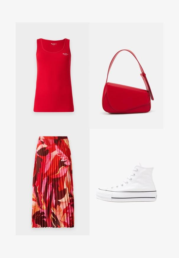 Rød ribbestrikket tanktopp med rund hals og smale stropper. Har en hvit logo på brystet, laget av et elastisk,mykt stoff.; Blomstrete bluse med lange pufferm, lys kremfarge, med lilla, oransje og grønne blomster mønstre, og klassisk kragedesign.; Plisserte maxiskjørt i en livlig rød, rosa og brun blomsterdesign. Elastisk midjebånd og glatt tekstur forbedrer komfort og stil.; Hvit høy-skinn kanvas sneakers med svart gummisåle, gummitåhette foran og seks hull for snorer, med et rent, minimalistisk design.; Rød lærveske med en vinklet, geometrisk design. Har en enkelt justerbar stropp og en klaffelukking med sydd detaljer.