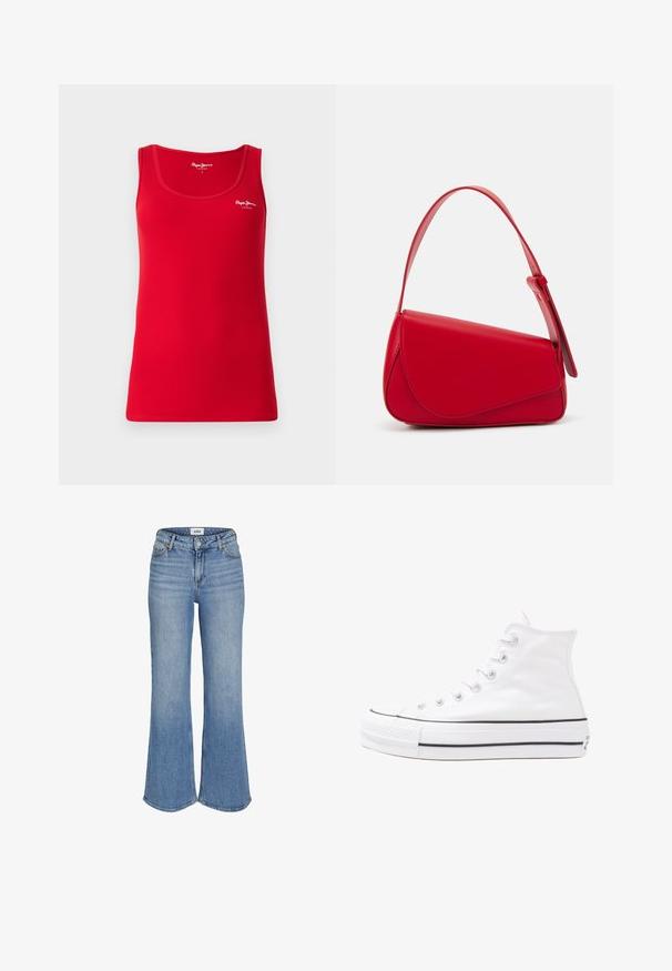 Punane sooniline tanktop ümmarguse kaelusega ja kitsaste rihmadega. Ees on valge logo, valmistatud venivast ja pehmest kangast.; Heledad sinised flare-jeansid kõrge vöökohaga, millel on ees taskud, lukuga esiosa ja kerge tuhmumine. Õmblused on nähtavad servadel.; Valge kõrgem kangast tenniseking, millel on must kummist tald, ees kummist varvasetugi ja kuus aukku paelte jaoks, pakkudes puhta ja minimalistliku disaini.; Punane nahast käekott, millel on nurkadega geomeetriline disain. Omab ühte reguleeritavat rihma ja klappidega sulgemist, millel on õmblustega kaunistused.