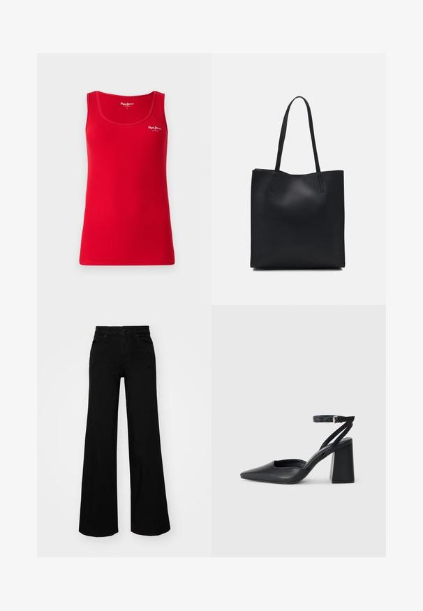 Röd ribbad linne med rund halsringning och smala band. Har en vit logotyp på bröstet, tillverkat av ett stretchigt och mjukt material.; Svarta vida byxor i denim, med en strukturerad midja, bältesöglor och framfickor. Slät textur med en klassisk design.; Svart läderpumps med spetsig tå, ankelrem och kraftig klack. Slät textur, stilren design och minimalistisk estetik.; Svart lädertoffelväska med slät textur, rektangulär form och två långa handtag. Ingen synlig hårdvara eller dekorationer.