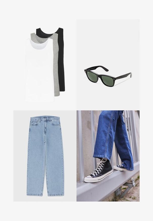Drei Tanktops in Weiß, Grau und Schwarz. Jedes hat ein klassisches ärmelloses Design und besteht aus leichtem Baumwollstoff mit einer Rippstruktur.; Hellblaue Jeans aus Denim mit geradem Bein, ausgestattet mit einer mittelhohen Taille, fünf Taschen sowie einem Knopf- und Reißverschluss.; Schwarze High-Top-Sneaker mit weißer Sohle und Schnürsenkeln, kombiniert mit lockeren blauen Jeans, die auf einem grauen Geländer ruhen.; Schwarze Plastiksonnenbrille mit grünen Gläsern, quadratischen Rahmen, silbernem Akzent auf der Augenbraue und strukturierten Bügeln. Angegebene Marke auf dem inneren Bügel.