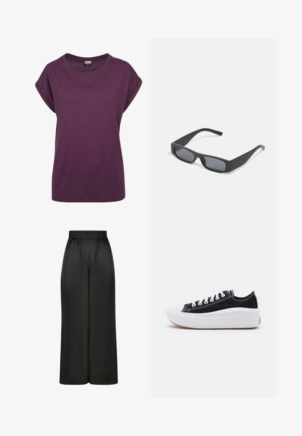 Fialové bavlnené tričko, voľný strih, okrúhly výstrih, zrolované krátke rukávy a rovný lem. Minimálny dizajn bez viditeľných vzorov alebo akcentov.; Čierne široké nohavice vyrobené z hladkého, lesklého materiálu s elastickým pásom a bez viditeľných vreciek či kovových detailov.; Čierne plátenné tenisky s bielymi šnúrkami, bielym gumovým špičkovým krytom a robustnou bielou medzipodrážkou. Obsahujú jemné biele švy a gumenú podrážku.; Čierne obdĺžnikové slnečné okuliare s tmavými sklami a hrubými matnými rámami. Ramena sú mierne zúžené s hladkým povrchom.