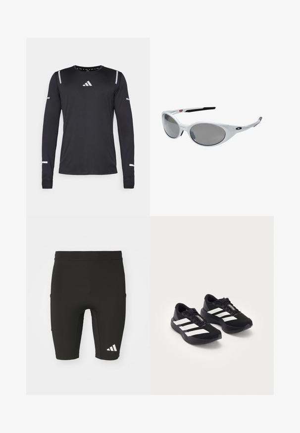 Långärmad atletisk tröja i svart tyg, med reflexsilver detaljer på axlar och ärmar, rund halsringning med lätt textur.; Svarta sportshorts med en åtsittande design, tillverkade av elastiskt tyg. Har tre fickor och en vit Adidas-logotyp på det nedre benet.; Ett par svarta Adidas Adizero löparskor med vita ränder och skosnören på vit bakgrund, placerade sida vid sida.; Vita plastsolglasögon med stora ovala linser, gråtonade. Har svarta örongrepp och en liten logotyp på ramen. Slät yta.