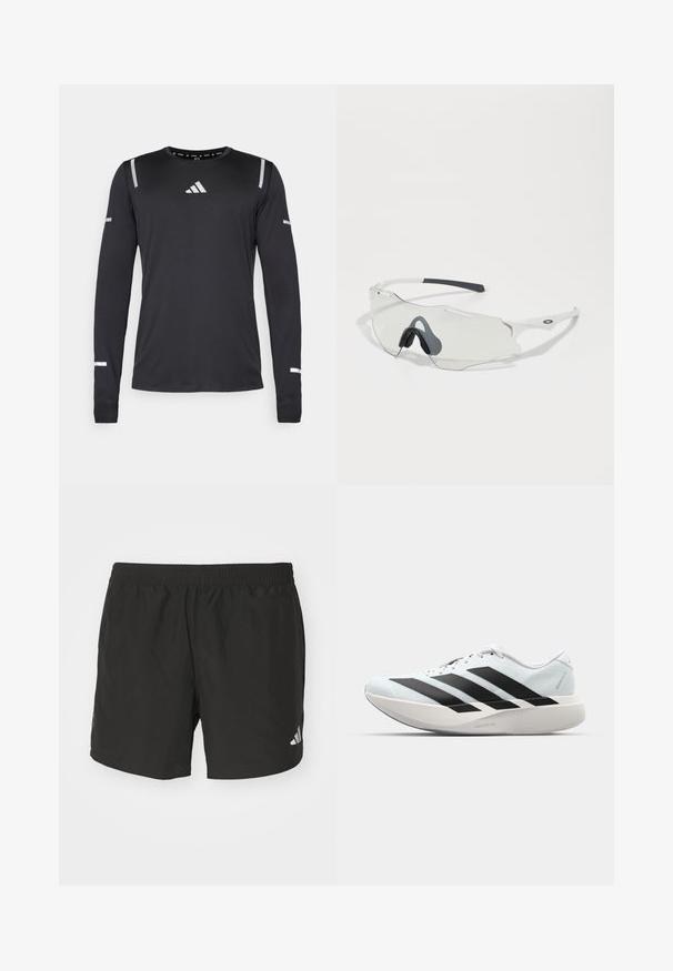 Langärmliges Sportshirt aus schwarzem Stoff, mit reflektierenden silbernen Akzenten an Schultern und Ärmeln, runder Halsauschnitt mit leichter Textur.; Schwarze Sportshorts mit einem elastischen Taillenbund, seitlichen Schlitzen und reflektierenden Logoakzenten. Hergestellt aus leichtem, glattem Material.; Leichte Laufschuhe in hellblau mit schwarzen Streifen. Sie verfügen über ein glattes Obermaterial, eine runde Zehenpartie und eine dicke weiße Zwischensohle, die mit "LIGHTSTRIKE PRO" beschriftet ist.; Sonnenbrille mit klarem Gläsern, weißem Rahmen und grauen Gumminasenpolstern. Verfügt über ein schlankes Design, eine eckige Form und minimalistische Hardware-Akzente.