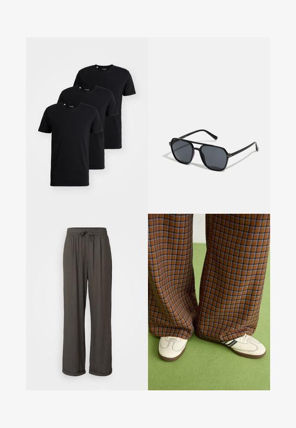 Τρία μαύρα βαμβακερά T-shirt τοποθετημένα σε στοίβα. Κάθε T-shirt διαθέτει στρογγυλή λαιμόκοψη και κοντά μανίκια με λεία υφή.; Σκούρο γκρι παντελόνια φαρδιάς γραμμής με ελαστική μέση και κορδόνι, κατασκευασμένα από μαλακό, υφασμάτινο υλικό, με ρολάρισμα στους αστραγάλους.; Καφέ και μπλε καρό παντελόνια με φαρδιά πόδια, σε συνδυασμό με λευκά παπούτσια που έχουν μαύρες λεπτομέρειες και υφασμάτινες σόλες, τοποθετημένα σε πράσινο φόντο.; Μαύρα γυαλιά ηλίου με οκταγωνικό σκελετό, σκούρους φακούς, γυαλιστερή φινίρισμα, λεπτά άκρα και χρυσές λεπτομέρειες μπροστά.