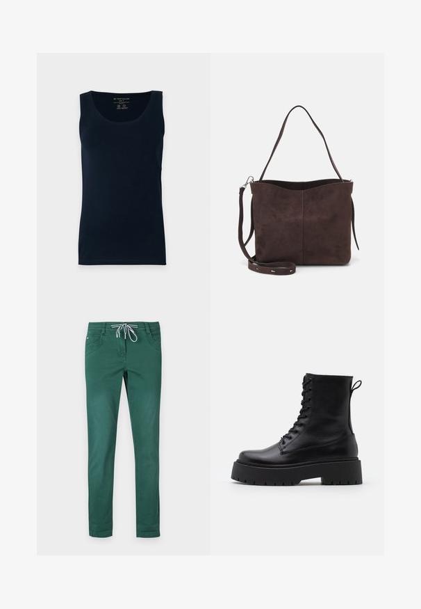 Tamno plavi pamučni majica bez rukava s okruglim dekolteom i ravnim rubom. Glatka tekstura i minimalistički stil. Oznaka veličine.; Zelene hlače od pamučne mješavine s ravnim krojem, elastična traka s uzicom u struku i dva prednja dzepa. Glatka tekstura i bez uzoraka.; Crne kožne gležnjače s okruglim vrhom, vezanjem sprijeda i debelim gumenim potplatom s teksturiranim uzorkom. Tipa: traka za vuču na stražnjoj strani.; Smeđa suđena torba s mekanom teksturom, s jednim remenom za rame i suptilno zakrivljenim gornjim otvorom. Nema vidljivih dijelova od hardvera.