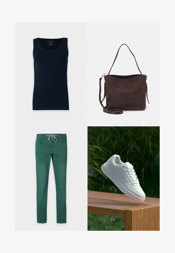 Navyblaues Baumwoll-Top mit rundem Halsausschnitt, ärmellosem Design und geradem Saum. Glatte Textur und minimalistischer Stil. Größe beschriftet.; Grüne Baumwollmischungshose mit geradem Bein, Kordelzugbund und zwei frontalen Taschen. Glatte Textur und keine Muster.; Weiße Sneaker mit einem glatten, synthetischen Obermaterial, perforierter Zehenbox, flachen Schnürsenkeln und einer strukturierten Sohle, präsentiert auf einer Holzoberfläche.; Braune Wildleder-Tasche mit weicher Textur, ausgestattet mit einem einzelnen Schulterriemen und einer dezenten, gewölbten Öffnung an der Oberseite. Keine sichtbaren Beschläge.