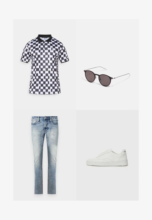 Polo de mangas curtas com um padrão zigzag em preto e branco, com gola preta e logótipo da marca no peito. Textura de tecido suave.; Calças de ganga azul claro com um acabamento desbotado, design ajustado, cinco bolsos e costuras contrastantes nas emendas.; Sapatilha de couro branco com acabamento suave, bico redondo, atacadores planos e uma sola texturizada. Apresenta um logotipo discreto no calcanhar.; Óculos de sol redondos pretos com lentes escuras e hastes metálicas finas. Inclui pontas de templo transparentes e detalhes em prata na dobradiça. Design minimalista.