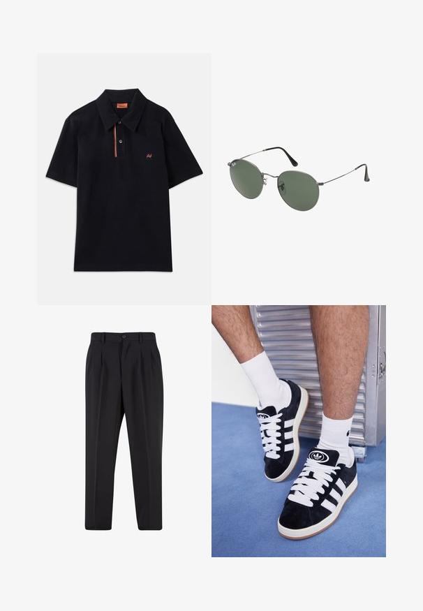 Juodas polo marškinėliai su klasikinio tipo apykakle, turintys tris mygtukų užsegimus, raudonai baltą juostuotą detalę ir mažą išsiuvinėtą logotipą.; Juodi kelnių su raukšlėtu priekiu dizainu, pagaminti iš lygaus audinio. Su mygtuko užsegimu ir diržo kilpomis; tiesios kojų formos.; Juodos zomšos sportbačiai su baltais raišteliais ir trimis baltais dryžiais. Ant liežuvėlio yra apvalus juodas logotipas, o pado medžiaga – guminė.; Metaliniai akiniai su ovaliais žaliais lęšiais. Plonas sidabro spalvos metalinis rėmas ir juodi ausų laikikliai. Minimalistinis dizainas, be matomų logotipų.