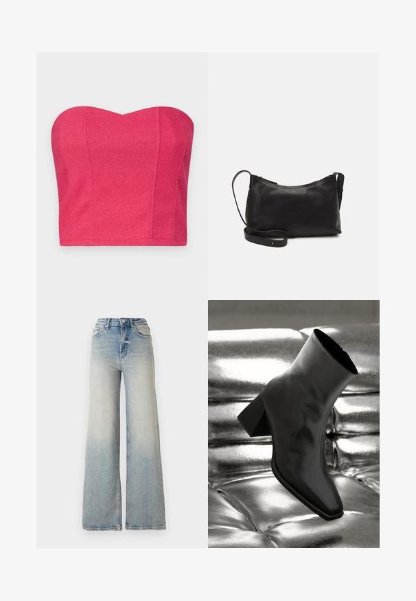 Brezramni krajšni top v svetlo roza barvi, z teksturirano tkanino, s srčasto izrezom in oprijetim silhueto. Brez vidnih zapiranj ali okrasnih elementov.; Svijetloplave široke traperice s visokim strukom, koje imaju pet džepova i vidljivo šivanje uz šavove.; Črne gležnjarje iz sijočega materiala s kvadratnim prstom in zoženim peto, postavljene na sijoče srebrno oblazinjeno ozadje.; Črna usnjena torba čez ramo z gladko teksturo, ukrivljeno obliko, nastavljivim trakom in zadrgo. Minimalističen dizajn brez okrasnih detajlov.