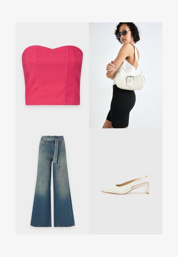 Strapless cropped top in bright pink, textured fabric, with a sweetheart neckline and fitted silhouette. No visible closures or embellishments.; Wide-leg denim trousers featuring a light to dark blue gradient, high waist, belt loops, and a matching fabric belt. Textured denim finish.; White patent leather slingback shoe with a pointed toe and a low block heel. Features a subtle strap with a gold-tone buckle detail.; White leather handbag with a curved shape, adjustable strap, and a small buckle detail. Model wears a fitted black outfit.