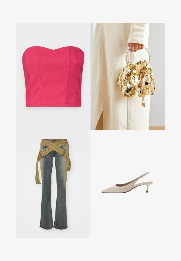 Top scurt, fără bretele, de culoare roz aprins, dintr-un material texturat, cu decolteu în formă de inimă și siluetă ajustată. Fără închideri sau embellismente vizibile.; Jaded London STRAP UP STONEWASH - Blugi bootcut - hellblau; Tocuri bej cu toc înclinare, cu vârf ascuțit și un toc jos, evazat. Fabricate din piele netedă, cu un design minimalist și curea ajustabilă.; Geantă de mână cu mânere circulare, confecționată din paiete aurii, cu un șnur de închidere, având paiete rotunde strălucitoare și o țesătură texturată. Dimensiunile nu sunt furnizate.