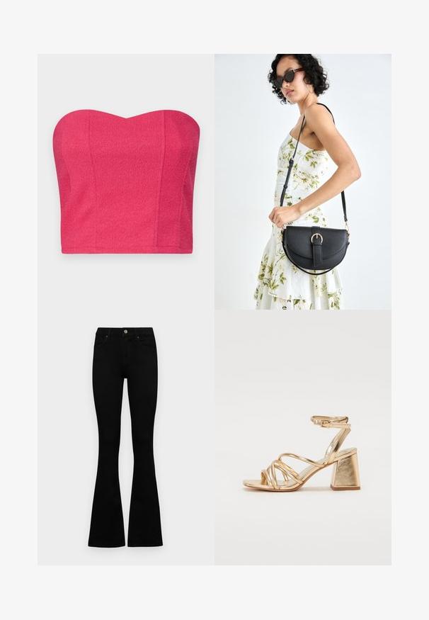 Strapless cropped top in bright pink, textured fabric, with a sweetheart neckline and fitted silhouette. No visible closures or embellishments.; Black high-waist jeans with a button and zip closure, front pockets, and flared legs laid flat on a white background.; Gold metallic heeled sandals featuring a strappy design, square block heel, and adjustable ankle strap with a buckle. Smooth texture.; Black leather handbag with a curved shape, detachable strap, and gold hardware. The bag features a flap with a buckle detail.