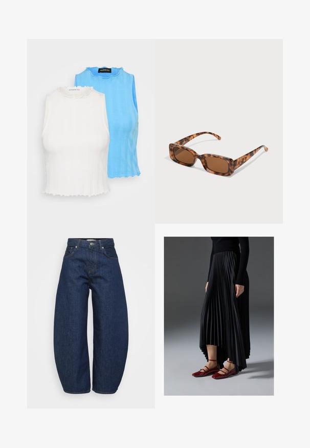 Dva brezrokavnika: en bel in en svetlo modri. Oba imata rebrasto teksturo, valovito ovratnico in prilegajoč dizajn.; Temne modri kavbojki z višjim pasom, širokimi hlačnicami, sprednjim gumbom in zadrgo ter klasičnim petim žepom.; Črna nabrana krila z višjim sprednjim in nižjim zadnjim delom, kombinirana z sijočimi rdečimi balerinkami s trakastim dizajnom. Tkanina ima gladko teksturo.; Želve sunčane naočale s pravokutnim smešnim lećama, debelim okvirom i tankim ručkama s uzorkom različitih nijansi smeđe boje.; Srebrna obročasta uhana s polirano površino, ki vključuje majhne zlate poudarke in okroglo obliko, nošena na ušesnem lobu.