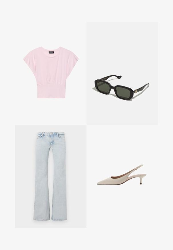 T-shirt rosa a maniche corte con design a vita arriccita. Realizzato in tessuto morbido, presenta un collo rotondo e una vestibilità comoda.; Jeans svasati di colore blu chiaro realizzati in denim. Caratterizzati da una vita con bottone in metallo, design a cinque tasche e leggera scoloritura in tutto il capo.; Tacchi slingback beige con punta affusolata e tacco basso a campana. Realizzati in pelle liscia con un design minimalista e cinturino regolabile.; Occhiali da sole rettangolari neri con lenti verdi opache, caratterizzati da una finitura lucida e una finitura in oro con logo laterale.