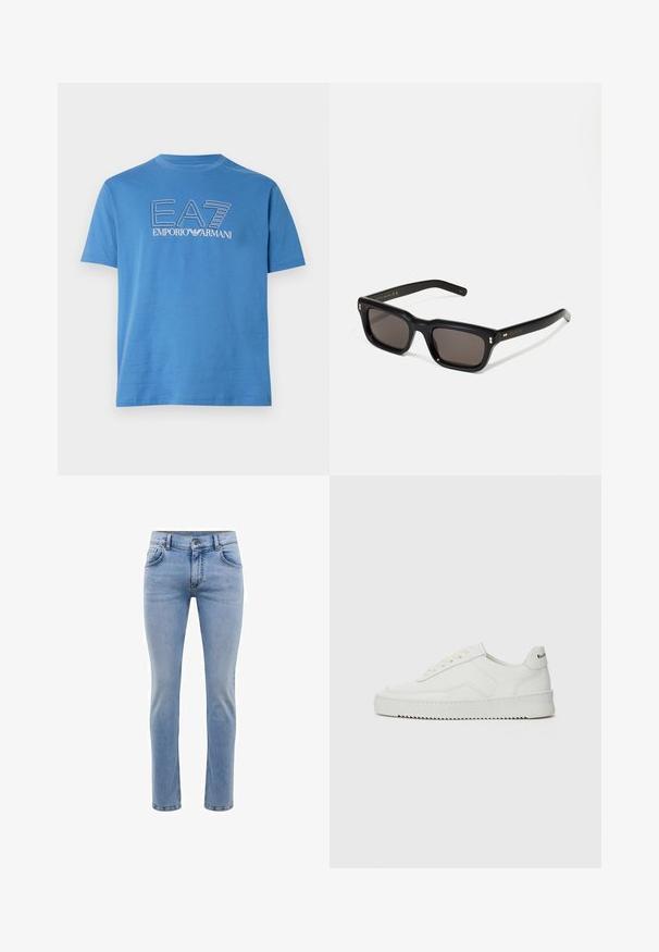 Blue short-sleeve crewneck t-shirt with "EA7 Emporio Armani" logo printed in white and outlined on the chest.; Light blue denim jeans with a slim fit, five pockets, and a straight leg design. Features a zipper fly and belt loops. Soft texture.; White leather sneaker with a smooth finish, round toe, flat laces, and a textured sole. Features a subtle logo on the heel.; Black rectangular sunglasses with dark lenses, thick plastic frame, gold accents on temples, and brand logo engraved on the arm.