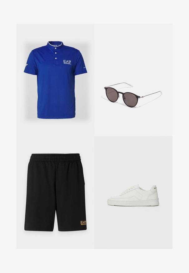 Blå polo-skjorte med ståkrage, to knapper og korte ermer. Har en logo på brystet og detaljer på ermene.; Sorte treningsshorts laget av mykt stoff, med elastisk midje og en liten gul EA7-logo nederst på venstre ben.; Hvite lærersneakers med en jevn overflate, rund tå, flate lisser og en teksturert såle. Har en subtil logo på hælen.; Sorte, runde solbriller med mørke linser og slanke metalarmer. Inkluderer klare temple tips og sølvfargede detaljer ved hengslet. Minimalistisk design.