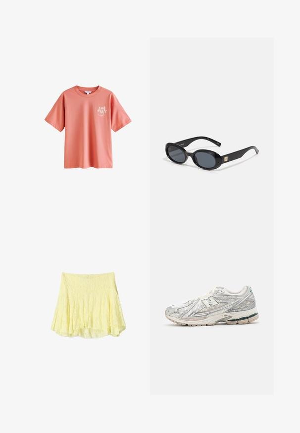 Next COFFEE CLUB GRAPHIC - Print T-shirt - pink; Yellow flared skirt made of textured fabric, featuring a layered design with a slightly uneven hem. Lightweight and airy appearance.; Running shoe features a silver and white mesh upper with a green accent. The sole is chunky and textured, designed for cushioning and support.; Black oval sunglasses with dark lenses, glossy plastic frame, wide arms, and a small gold accent on one side.; Beige leather tote bag with two short handles, removable shoulder strap, and a decorative gold accent on the front panel.; Gold-tone rectangular watch with a mother-of-pearl face, Roman numeral hour markers, date display, and a link bracelet design.