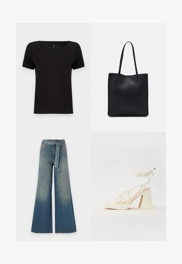 Čierne tričko s krátkymi rukávmi a štvorcovým výstrihom, vyrobené z jemnej bavlny, s minimalistickým dizajnom a bežným strihom.; Džínsy s širokými nohavicami, ktoré majú prechod od svetlomodrej po tmavomodrú, vysoký pás, pútka na opasok a opasok z rovnakého materiálu. Textúrovaný denimový povrch.; Biele sandále na vysokom opätku s hrubým podpätkom, s pruhovaným dizajnom a viazaním na členku. Hladký povrch s platformou vpredu pre zvýšenú výšku.; Čierna kožená taška na rameno s hladkým povrchom, obdĺžnikovým tvarom a dvoma dlhými uchami. Bez viditeľného kovania alebo ozdôb.