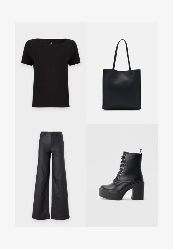 Juoda trumpa rankovė T-marškinė su kvadratiniu iškirpimu, pagaminta iš minkštos medvilnės medžiagos, su minimalistiniu dizainu ir įprastu pritaikymu.; Juodos, plačios kelnės iš dirbtinės odos. Yra aukštas liemuo, kilpelės diržui, dvi priekinės kišenės ir siuvinėti detalėmis.; Juodas odinis kulkšninis botas su masyviu padu, raišteliais priekyje ir tekstūruota paviršiumi. Ant jo užpakalinės pusės yra kilpytė, skirta patogiam užsidėjimui.; Juodas odinis tote krepšys su lygia tekstūra, stačiakampio formos ir dviem ilgais rankenomis. Matomų metalinių detalių ar puošybos nėra.