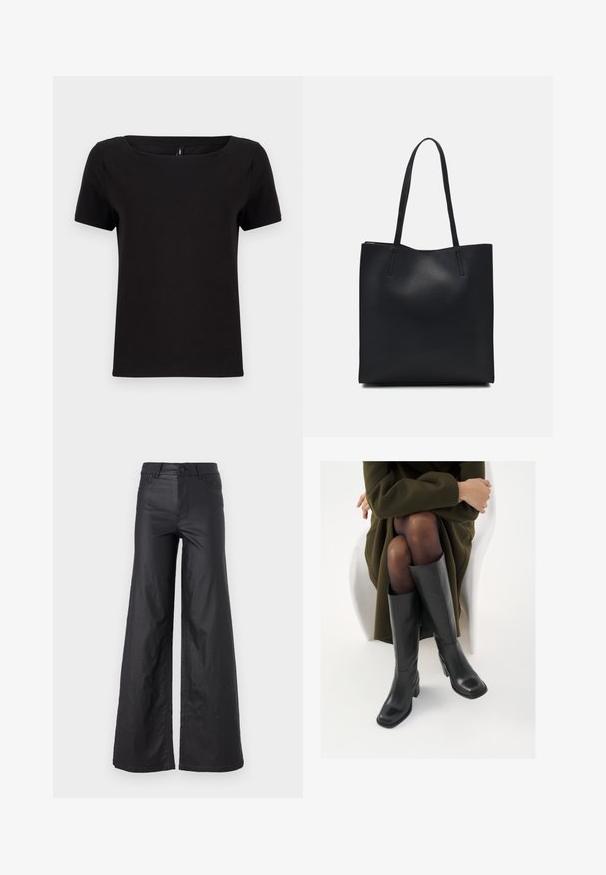 Čierne tričko s krátkymi rukávmi a štvorcovým výstrihom, vyrobené z jemnej bavlny, s minimalistickým dizajnom a bežným strihom.; Čierne široké nohavice z materiálu imitujúceho kožu. Majú vysoký pás, pútka na opasok, dve predné vrecká a šité detaily.; Čierne kožené čižmy po kolená so štvrtým prstom a blokovým opätkom, zobrazené s modelom sediacim v olivovo zelenej bunde. Hladká textúra, minimálne detaily.; Čierna kožená taška na rameno s hladkým povrchom, obdĺžnikovým tvarom a dvoma dlhými uchami. Bez viditeľného kovania alebo ozdôb.