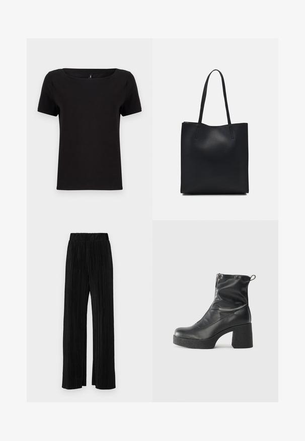 Črna kratkosleeve majica s kvadratnim izrezom, izdelana iz mehkega bombažnega blaga, z minimalističnim dizajnom in običajnim krojem.; Črne plisirane hlače z elastičnim pasom. Imajo široke noge in gladko, teksturirano tkanino z navpičnimi črtami.; Črne gležnjarje iz gladke kože z božnim zadrgo, masivnim teksturiranim peto in zaobljeno obliko prstov.; Črna usnjena torba s svilnato teksturo, pravokotne oblike in dvema dolgima ročajema. Brez vidnih metalnih delov ali okrasnih elementov.