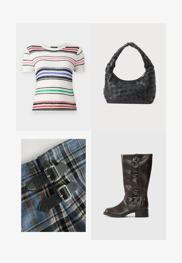 Rövid ujjú, bordázott fehér anyagú felső, fekete, kék, rózsaszín, piros és zöld vízszintes csíkokkal. Férfi nyakú, szabott fazonban.; Kockás textil kék, barna és fekete színekben, két fekete műbőr hevederrel, ezüst csatokkal a deréknál. Cipzár látható.; Barna bőrből készült, térdig érő, több csattal ellátott csizmák, kerek orral és alacsony, vastag sarkú kivitelben. Texturált felülettel és állítható pántokkal rendelkezik.; Fekete bőr, fonott válltáska lekerekített fogantyúval és hold alakú testéval egyszínű háttéren.