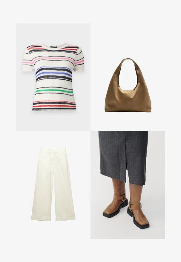 Lyhythihainen paita ribbattu valkoisesta kankaasta, jossa on vaakasuoria viivoja mustana, sinisenä, vaaleanpunaisena, punaisena ja vihreänä. Pyöreä kaula-aukko, istuva malli.; Vaihdehousut pehmeästä, kermanvärisestä kankaasta. Ominaisuuksia litteä etupään vyötärö ja käänteet. Suora rakenne puhtaalla, minimalistisella designilla.; Ruske nahkasaappaat polven korkeudelle suoralla varvalla, mustalla kumipohjalla ja säädettävällä soljella. Yhdistetty harmaaseen raitahameeseen.; Ruskea kangaskassi, jossa on leveä, pyöristetty muoto ja suuri leikattu kahva. Pehmeä pinta, minimalistinen muotoilu ja ei näkyvää metalliosaa.