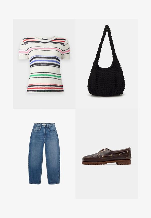 Maglietta a maniche corte in tessuto a coste bianco con strisce orizzontali in nero, blu, rosa, rosso e verde. Collo a giro, design aderente.; Jeans in denim blu a vita alta con design a gamba dritta, dotati di cinque tasche, passanti per cintura e leggera scoloritura per un tocco di texture.; Scarpa da barca in pelle marrone con occhielli dorati, lacci tondi e una suola in gomma marrone texturizzata. Presenta dettagli cuciti e un logo in rilievo.; Borsa in tessuto nero con una singola tracolla intrecciata, caratterizzata da una forma gonfia e un design della superficie arricciato.