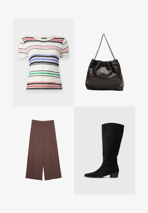 Krátky rukáv top z rebrovanej bielej tkaniny s horizontálnymi pruhmi v čiernej, modrej, ružovej, červenej a zelenej farbe. Okrúhly výstrih, priliehavý strih.; Hnedé nohavice so širokými nohavicami a hladkou textúrou, s vysokým pásom a prednými skladmi. Tkanina je ľahká a voľne sa pohybuje.; Čierne semišové čižmy po kolená s nízkym blokovým podpätkom a špicatou špičkou, zobrazené v bočnom pohľade na jednoduchom svetlošedom pozadí.; Hnedá kožená taška so zberaným vrchom a reťazovým popruhom. Hladký povrch s lesklým finišom a jemným švom po stranách.