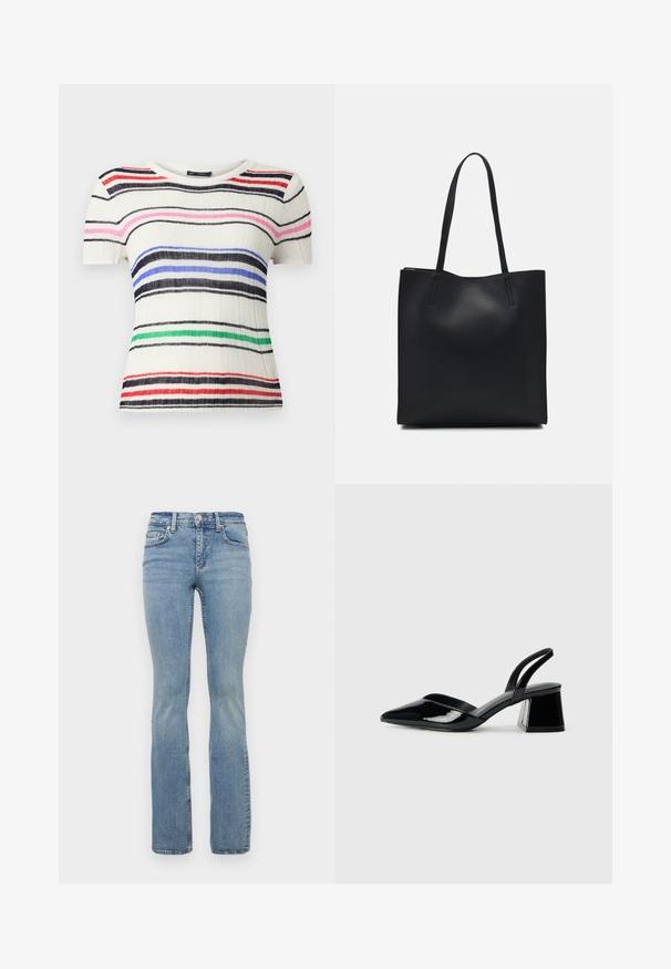 Maglietta a maniche corte in tessuto a coste bianco con strisce orizzontali in nero, blu, rosa, rosso e verde. Collo a giro, design aderente.; Jeans flare in denim azzurro chiaro con vita a media altezza, dotati di design a cinque tasche, passanti per cintura e leggere sfumature sulle cosce.; Décolleté in vernice nera con punta affusolata e tacco in geometria cubica. Presentano un design elegante e minimalista, con una texture liscia.; Borsa tote in pelle nera con texture liscia, forma rettangolare e due manici lunghi. Nessun hardware o decorazione visibile.