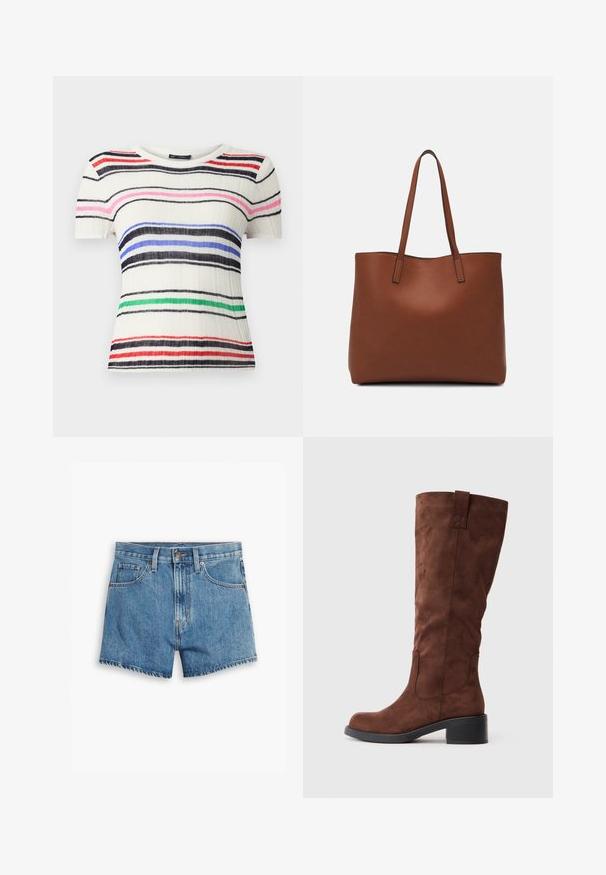 Krátky rukáv top z rebrovanej bielej tkaniny s horizontálnymi pruhmi v čiernej, modrej, ružovej, červenej a zelenej farbe. Okrúhly výstrih, priliehavý strih.; Džínové šortky v svetlo modrej farbe, s piatimi vreckami, zipsom a zapínaním na gombík. Spodný lem je rozstrapkaný s voľným strihom.; Hnedé semišové čižmy po kolená s okrúhlym špičkou, blokovým podpätkom a bočnými švami. Hladký povrch a pevná konštrukcia.; Hnedá kožená taška na rameno s hladkou textúrou, otvoreným vrchom a dvoma ramenými popruhmi. Má minimálne šitia a žiadne viditeľné kovania.