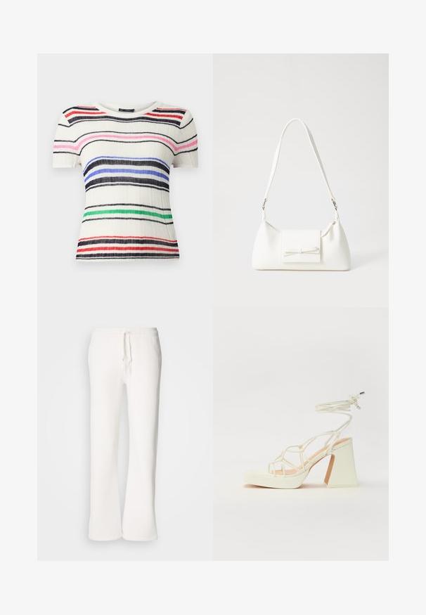 Kurzarmoberteil aus geripptem weißen Stoff mit horizontalen Streifen in Schwarz, Blau, Pink, Rot und Grün. Rundhalsausschnitt, taillierte Passform.; Weiße, locker sitzende Schlafanzughosen aus weichem Material, mit einem elastischen Bund und Kordelzug sowie geradem Bein.; Weiße High-Heel-Sandale mit einem klobigen Absatz, die über ein Riemchendesign und ein Knöchelband verfügt. Glatte Textur mit einer Plattform vorne für zusätzliche Höhe.; Weiße synthetische Handtasche in dreieckiger Form, flache Vorderklappe und Schleifendetail, verstellbarer Trageriemen, glatte Textur und minimalistisches Design.