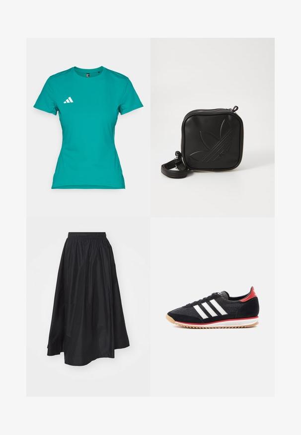 Turkusowa koszulka sportowa wykonana z lekkiego materiału. Posiada krótkie rękawy oraz białe logo po lewej stronie klatki piersiowej.; Czarna spódnica długości do kolan, wykonana z lekkiego materiału, z elastycznym paskiem w talii i rozszerzanym krojem dla swobody ruchów.; Czarny sportowy but z białymi paskami, zamszowymi akcentami i czerwonym obcasem. Tekstura mesh i gumowa podeszwa z jasnobrązowym bieżnikiem.; Czarna torba na ramię wykonana z teksturowanego materiału syntetycznego. Posiada wytłoczone logo oraz regulowany pasek. Zamek błyskawiczny.
