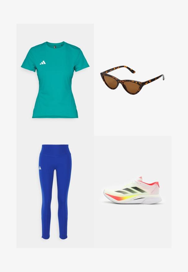 Turkos idrottströja i lättviktig tyg. Har korta ärmar och en vit logotyp på vänster bröst.; Blå atletiska leggings med hög midja, tillverkade av stretchigt material, med en vit logotyp på vänster höft och diskreta fållar.; Löparskor med ett lätt vitt meshinlägg med svarta ränder, neongula accentfärger, en rosa häl och en böjd vit sula.; Kattögon-solglasögon med en ram i svart och orange sköldpaddsmönster, bruna linser och smala, spetsiga tips. Har en minimalistisk logotyp på bågen.