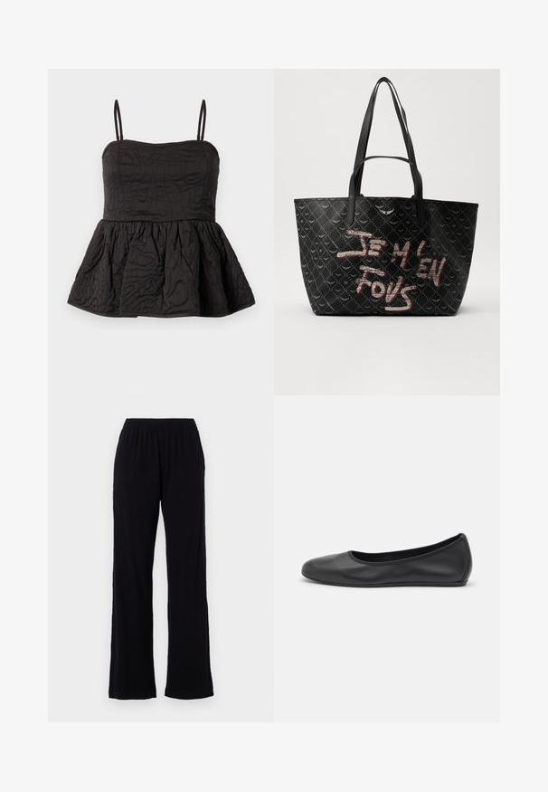 Fekete peplum top állítható spagetti pántokkal, texturált anyaggal, amely csavart mintázattal rendelkezik, és ráncolt alsó szegéllyel, amely volument ad.; Fekete, könnyű, rugalmas derekú nadrág egyenes szabással. Puha tapintású, látható minták vagy díszítések nélkül. Egyszerű és sokoldalú stílus.; Fekete bőr balettcipő lekerekített orral, sima tekstúrával, minimális varrással és rugalmas talp kialakítással.; Fekete vászontáska struktúrált anyagból, gyémántmintázattal, vállpántokkal és merész piros-fehér felirattal, ami azt mondja: "JE M'EN FOUS."