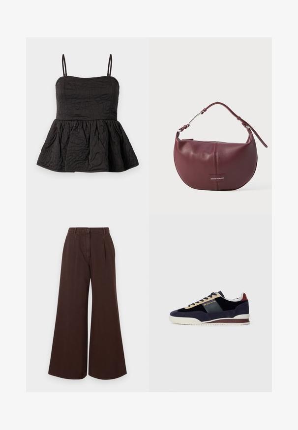 Musthave mustriba mustrinong mustlisaga, reguleeritavad spagetipäised, tekstuurne kangas, millel on keerduv kujundus ja volditud alumine serv mahu jaoks.; Kõrge vöökoht, laiad pruunid püksid nupuga ja tõmblukuga, vöörihmadega ning ees olevate voltidega.; Tumesinine nahast tossud beige ja tumesiniste detailidega. Omab valget kummist tallat ja kuldset brändi tähist küljel. Klassikaline spordidisain.; Burgundi värvi nahast käekott, millel on ümar kuju, lukuga sulgemine ja reguleeritav rihm. Ees on logo silt.