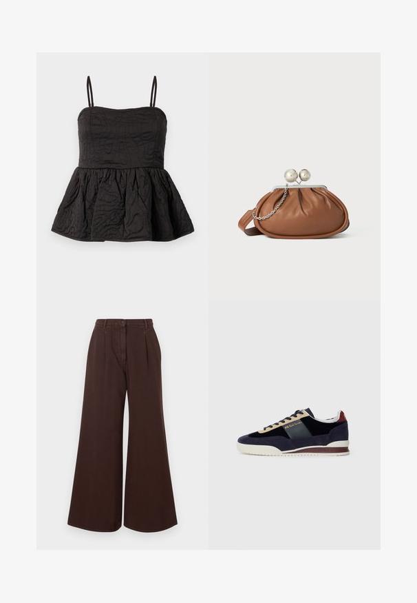 Czarny top peplum z regulowanymi ramiączkami spaghetti, teksturowany materiał z falistym wzorem oraz zgromadzonym dolnym hemem dla większej objętości.; Brązowe spodnie z wysokim stanem i szerokimi nogawkami, z zapięciem na guzik i zamek błyskawiczny, szlufkami na pasek oraz plisami z przodu.; Granatowe zamszowe sneakersy z beżowymi i ciemnoniebieskimi akcentami. Posiadają białą gumową podeszwę i złote logo na boku. Klasyczny sportowy design.; Brązowa skórzana kopertówka z srebrnym zapięciem w kształcie kuli oraz małym srebrnym łańcuszkiem na białym tle.