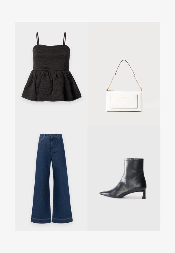 Melna pepluma topa ar regulējamiem špageti plecu siksnēm, teksturēts audums ar viļņotu dizainu un savilktu apakšējo malu, kas piešķir apjomu.; Plati ziladenim bikses ar augstu jostasvietu, kas aprīkotas ar pogas aizdari, jostu cilpām un nelieliem šuvju detalizējumiem ap kabatām un malām.; Melnas ādas potītes zābaki ar norādītu pirkstu un elegantu dizainu. Iezīmē zemu papēdi un rāvējslēdzēja aizdari aizmugurē. Gluda tekstūra.; Baltā ādas rokassomu ar teksturētu apdari, ar zelta ķēdes siksnu un melniem akcentiem. Iekļauj priekšējo kabatu un aizdari ar rāvējslēdzēju.