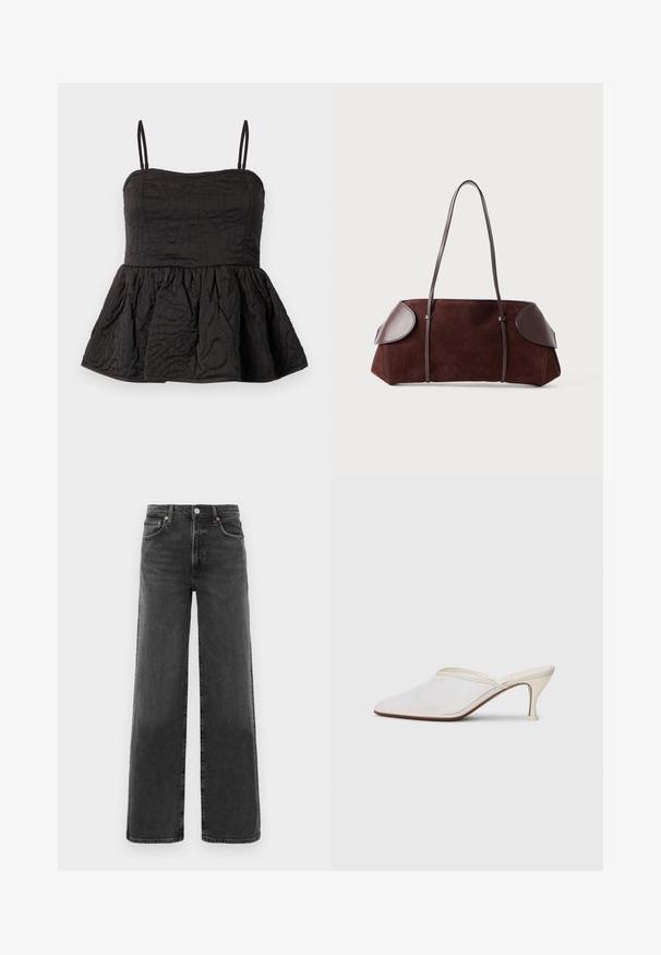 Top peplum negro con tirantes de espagueti ajustables, tejido texturizado con diseño en espiral y dobladillo inferior fruncido para mayor volumen.; Jeans de mezclilla negros de cintura alta y pierna recta con botón y cremallera en el frente, dos bolsillos frontales y dos traseros.; Mule blanco de malla con punta afilada, tacón medio y diseño de fácil colocación contra un fondo liso.; Bolsa de ante marrón con acentos de cuero, forma estructurada, doble strap para el hombro y bordes redondeados, con una textura suave y hardware minimal.