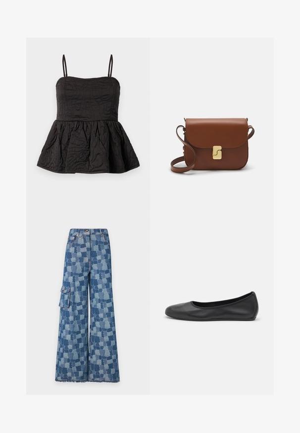 Black peplum top with adjustable spaghetti straps, textured fabric featuring swirled design, and gathered lower hem for volume.; Wide-leg jeans in blue denim featuring a large patchwork pattern, frayed hem, and side pocket with button detail.; Black leather ballet flat with a rounded toe, smooth texture, minimal stitching detail, and a flexible sole design.; Brown leather handbag with a flap closure, gold-tone hardware, a shoulder strap, and a smooth texture. Compact rectangular shape.