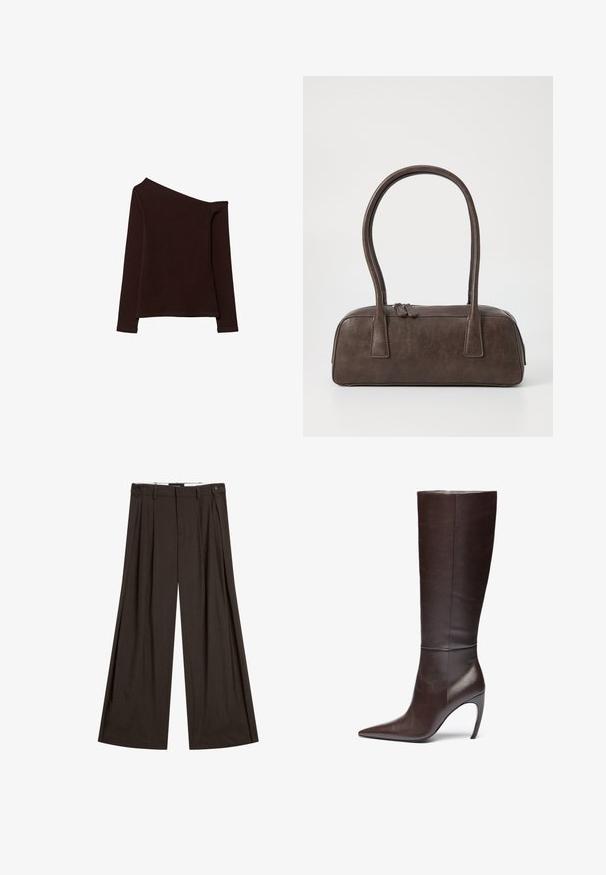 Asymetrický top s dlouhým rukávem v tmavě hnědé tkanině, s jedním ramenem odhaleným a hladkým, mírně texturovaným povrchem.; Hnědé kalhoty širokého střihu vyrobené z lehkého materiálu, se záhyby vpředu, dvěma bočními kapsami a jedním knoflíkem na zapínání.; Hnědá kožená vysoká bota s špičatou špičkou a stiletto podpatkem, s hladkým povrchem a minimalistickým designem.; Hnědá kožená kabelka s dvěma pevnými uchy, obdélníkový tvar, hladká textura a zipové zavírání. Minimalistický design bez viditelných vzorů.; Černý pryskyřicový náramek s hladkým, lesklým povrchem a zaoblenými okraji. Na vnitřní straně se nachází malé zlaté logo "Pilgrim".