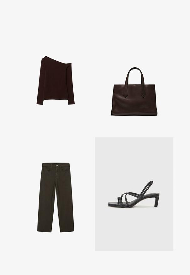 Top asimmetrico a maniche lunghe in tessuto marrone scuro, con una spalla scoperta e una superficie liscia, leggermente testurizzata.; Jeans a gamba larga di colore verde scuro, realizzati in tessuto misto cotone, dotati di chiusura con bottone frontale, cinque tasche e cuciture classiche in denim.; Sandalo nero con cinturini, dalla punta squadrata e tacco basso a blocco. Presenta diversi cinturini sottili e una cinturini regolabile alla caviglia. Realizzato in pelle liscia.; Borsa a spalla in pelle marrone con due manici lunghi, forma rettangolare strutturata, texture liscia e dettagli di cucitura sottili.; Anello doppio in argento con superficie liscia e lucida. Presenta un design fluido e curvo con sezioni sovrapposte per un aspetto moderno.