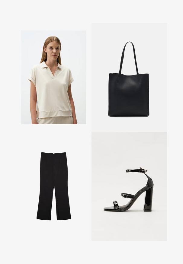 Lichtbeige polo shirt met een V-hals, korte opgerolde mouwen en een losse pasvorm. Gemaakt van zachte, gladde stof met een subtiele textuur.; Zwarte broek met een rechte pasvorm, voorzien van zijzakken en plooien aan de onderzijde. Gemaakt van zachte, gladde stof. Geschikt voor verschillende gelegenheden.; Zwarte patent lederen sandalen met hoge hakken, twee gespenbanden, een vierkante neus en een stevige blokhak, met een gladde, glanzende textuur.; Zwarte leren handtas met een gladde textuur, rechthoekige vorm en twee lange handvaten. Geen zichtbare hardware of versieringen.