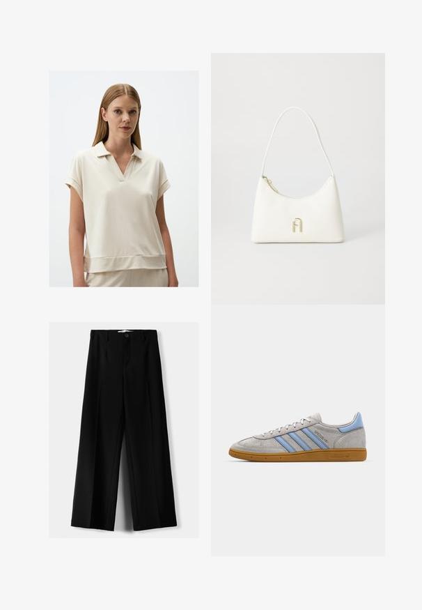 Polo beige chiaro con scollo a V, maniche corte e arrotolate, e vestibilità rilassata. Realizzato in tessuto morbido e liscio con una delicata texture.; Pantaloni neri a gamba larga realizzati in tessuto leggero, caratterizzati da una chiusura frontale con bottone e frontale piatto, con orli cuciti con precisione.; Sneaker in suede grigio con strisce azzurro chiaro, suola in gomma color caramello e dettagli con logo. Design low-top con punta tonda e chiusura con lacci.; Borsa bianca con una forma curvata e una texture liscia. Presenta un accentuato logo dorato e una chiusura con zip. Tracolla regolabile.