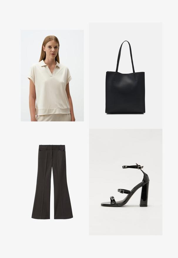 Polo shirt beige clair avec un col en V, des manches courtes retroussées et une coupe décontractée. Fabriqué en tissu doux et lisse avec une texture subtile.; Pantalons évasés noirs à taille haute ; dotés de deux poches avant et d'une texture de tissu lisse. Adaptés à diverses occasions.; Sandales à talons hauts en cuir verni noir avec deux brides à boucles, bout carré et talon bloc épais, présentant une texture lisse et brillante.; Sac fourre-tout en cuir noir avec une texture lisse, de forme rectangulaire et deux longues poignées. Pas de matériel ou d'ornementations visibles.