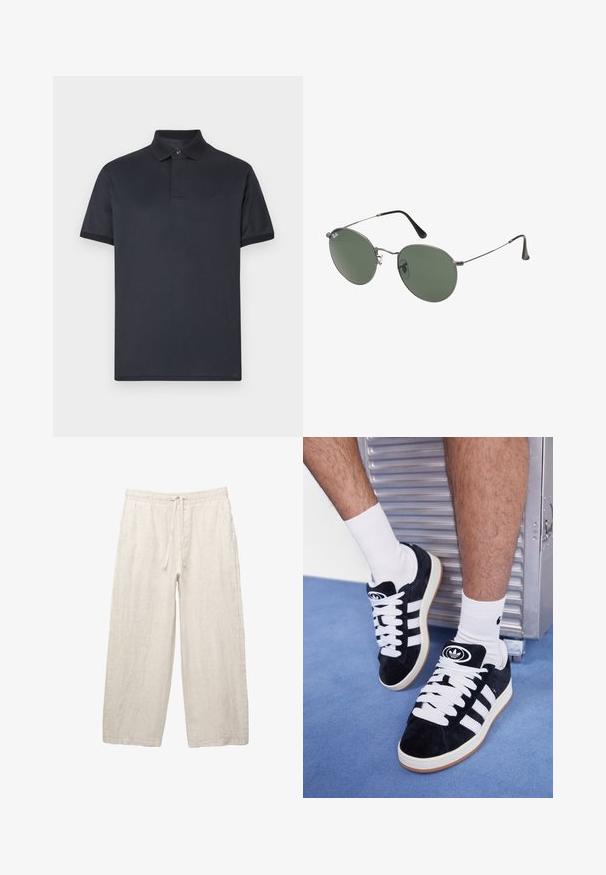 Tmavomodré polo tričko z hladkej bavlny. Má klasický golier, krátke rukávy a jemné logo na hrudi.; Ľanové nohavice v svetlej béžovej farbe, s elastickým pásom na šnúrku, širokým strihom a bočnými vreckami. Hladká textúra.; Čierne semišové tenisky s bielymi šnúrkami a tromi bielymi pruhmi. Obsahujú kruhové čierne logo na jazyku a gumovú podrážku.; Sunglass s metalovým rámom s oválnymi zelenými šošovkami. Tenký strieborný kovový rám a čierne štuple za uši. Minimalistický dizajn, bez viditeľných log.