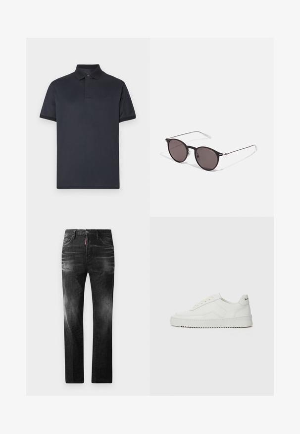 Mornarsko plava polo majica od glatkog pamuka. Ima klasični ovratnik, kratke rukave i suptilni logo na prsima.; Crne traperice od denima ravnog kroja. Imaju izbljedjela područja, male oštećenja, klasičan dizajn s pet džepova i kopčanje na dugme.; Bijele kožne tenisice s glatkom površinom, okruglim vrhom, ravnim vezicama i teksturiranom potplatom. Imaju suptilan logo na peti.; Crne okrugle sunčane naočale s tamnim staklima i tankim metalnim ručkama. Uključuju prozirne vrhove ručki i srebrne naglaske na šarkama. Minimalistički dizajn.